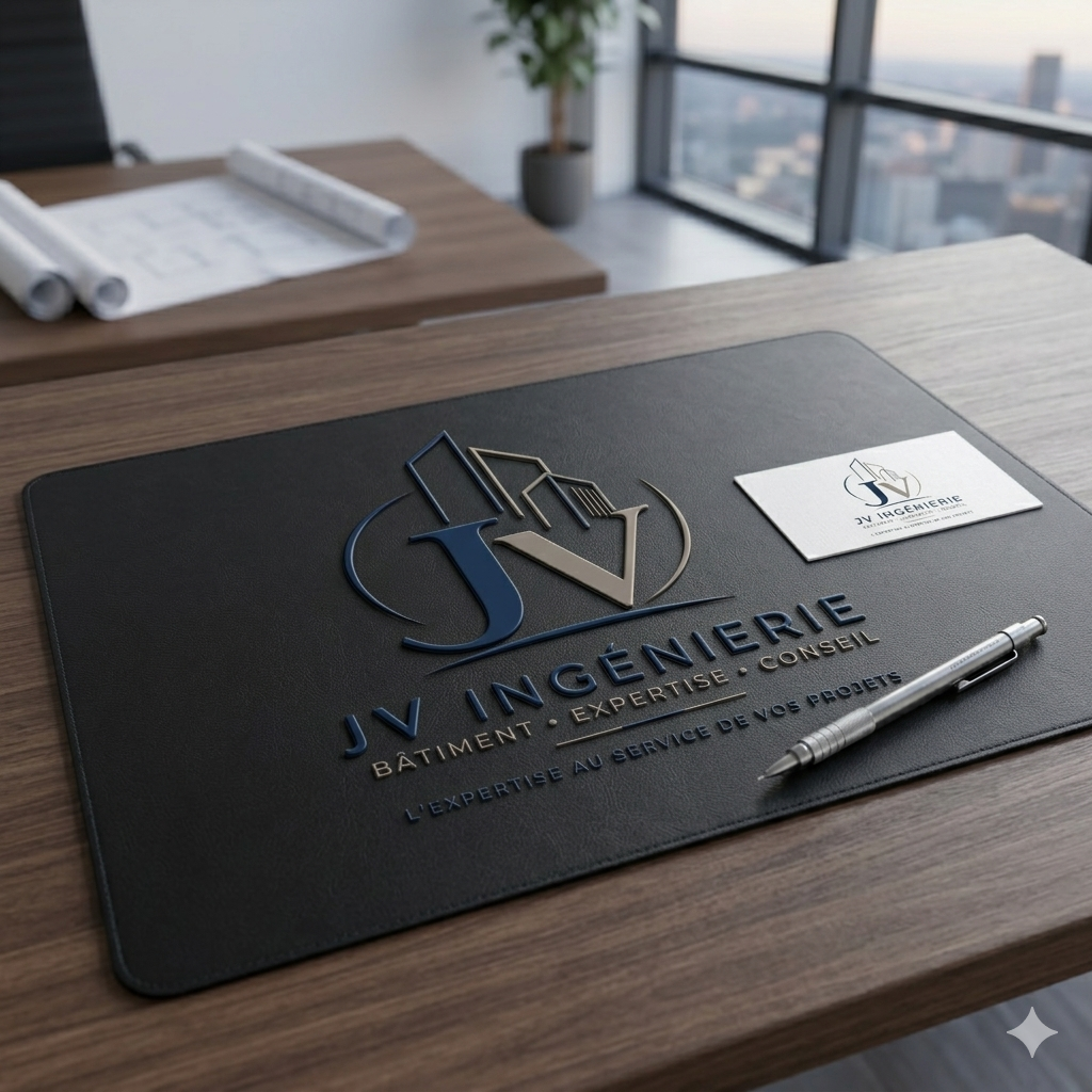 Logo-Papeterie-JV-Ingénierie-Expertise-Batiment : Photographie professionnelle de la charte graphique de JV Ingénierie, incluant le logo 3D, la carte de visite et un stylo, reflétant l'expertise technique et indépendante.