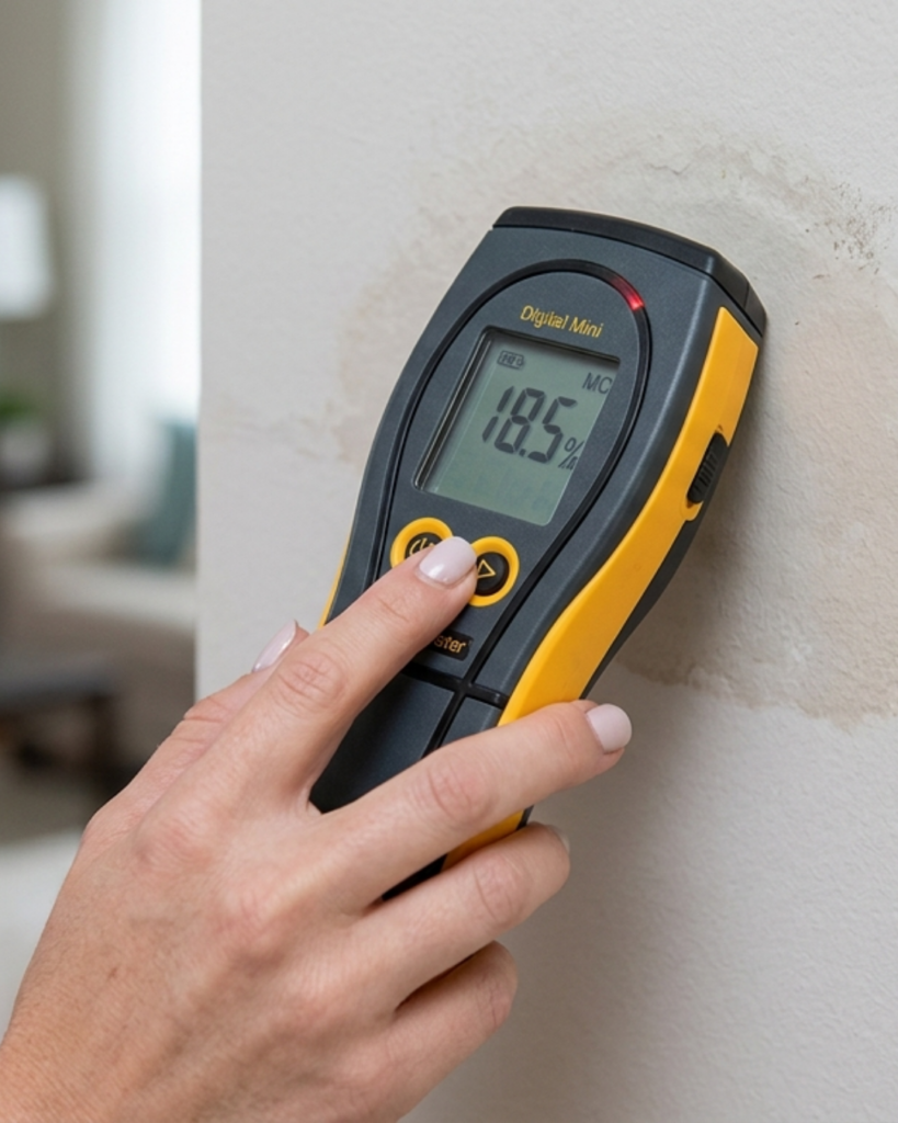 Diagnostic-Humidité-Mur-Humidimètre-PACA Utilisation d'un humidimètre professionnel pour mesurer le taux d'humidité dans un mur intérieur, illustrant le diagnostic des infiltrations par JV Expert Bâtiment en PACA.