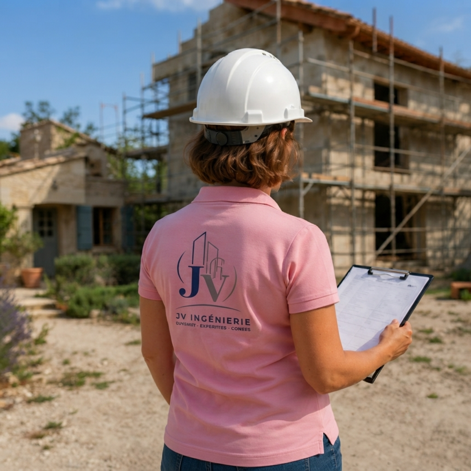 Experte en bâtiment portant un casque de chantier sur un site en région PACA pour une évaluation de dommages.