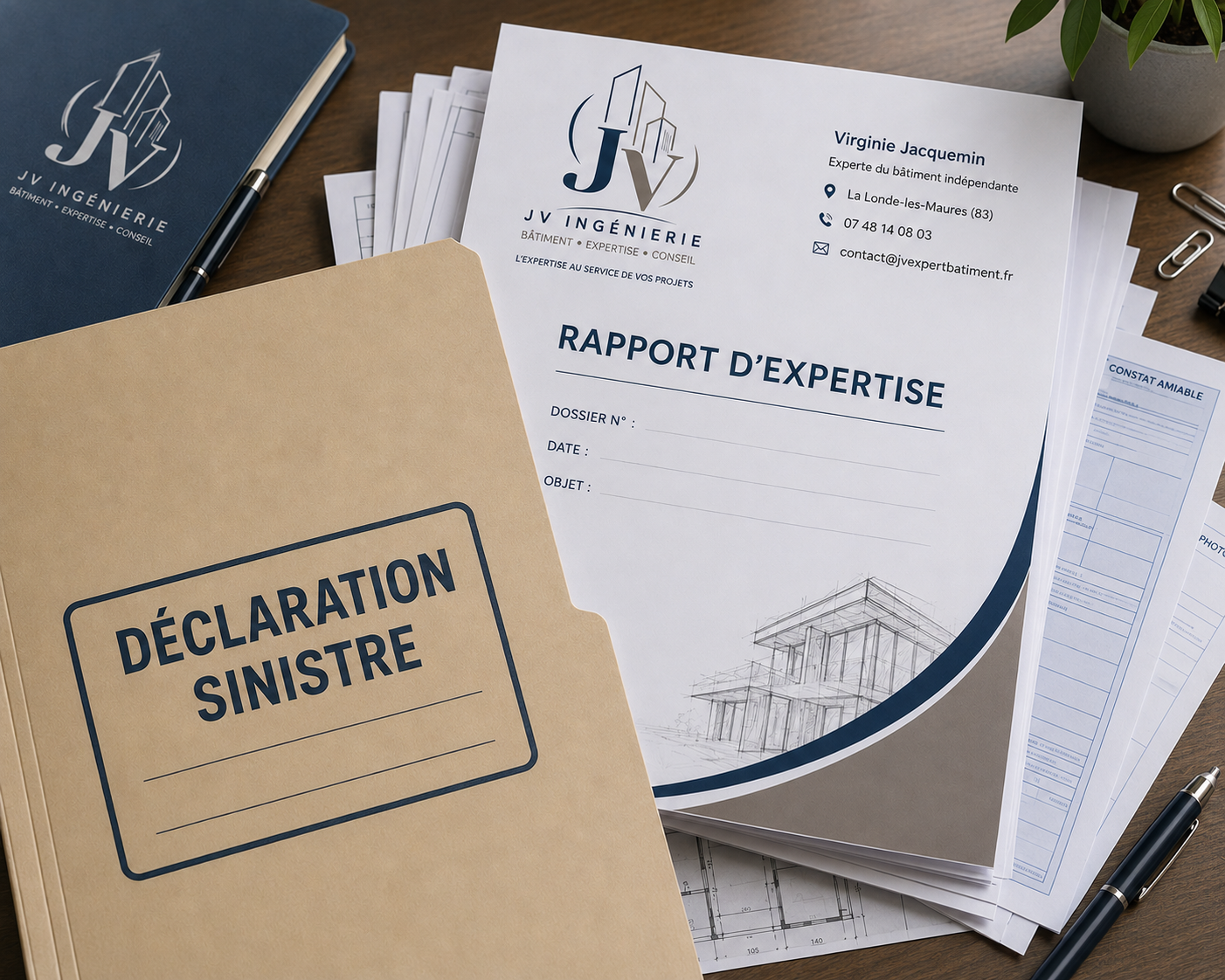 Declaration-Sinistre-Rapport-Expertise-Assure-JV Dossier de "Déclaration Sinistre" et "Rapport d'Expertise" de JV Ingénierie, symbolisant l'accompagnement des assurés pour défendre leurs intérêts en PACA.