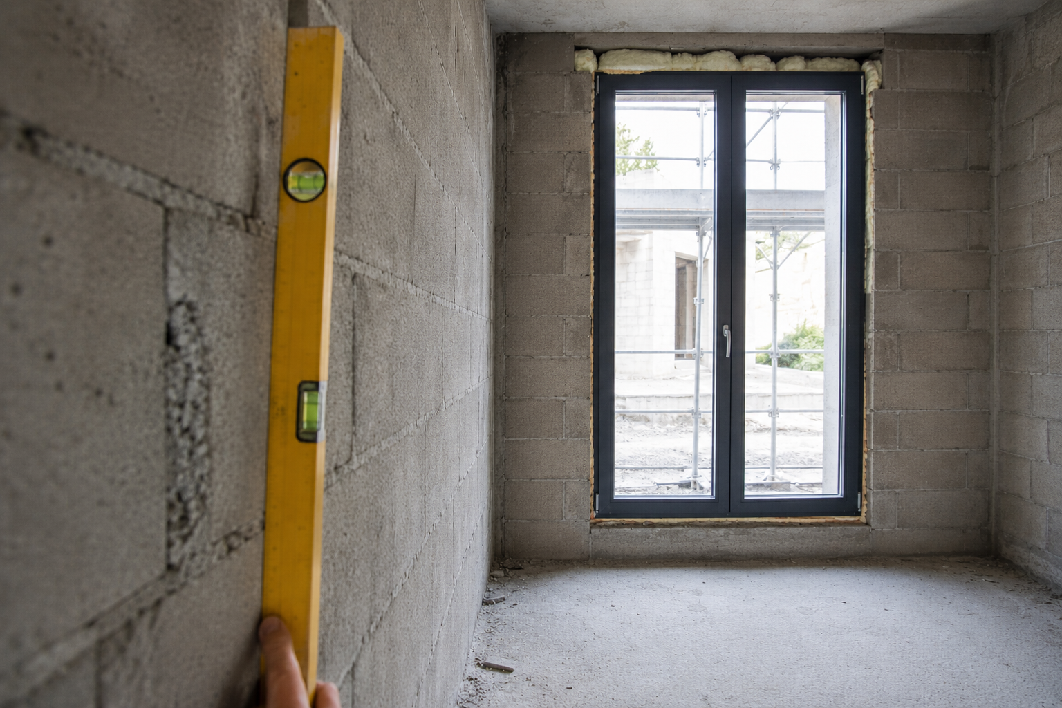 Controle-Niveau-Mur-Malfaçons-Batiment Utilisation d'un niveau à bulle jaune sur un mur en parpaings lors d'un contrôle de conformité et de malfaçons de chantier par JV Expert Bâtiment en région PACA.