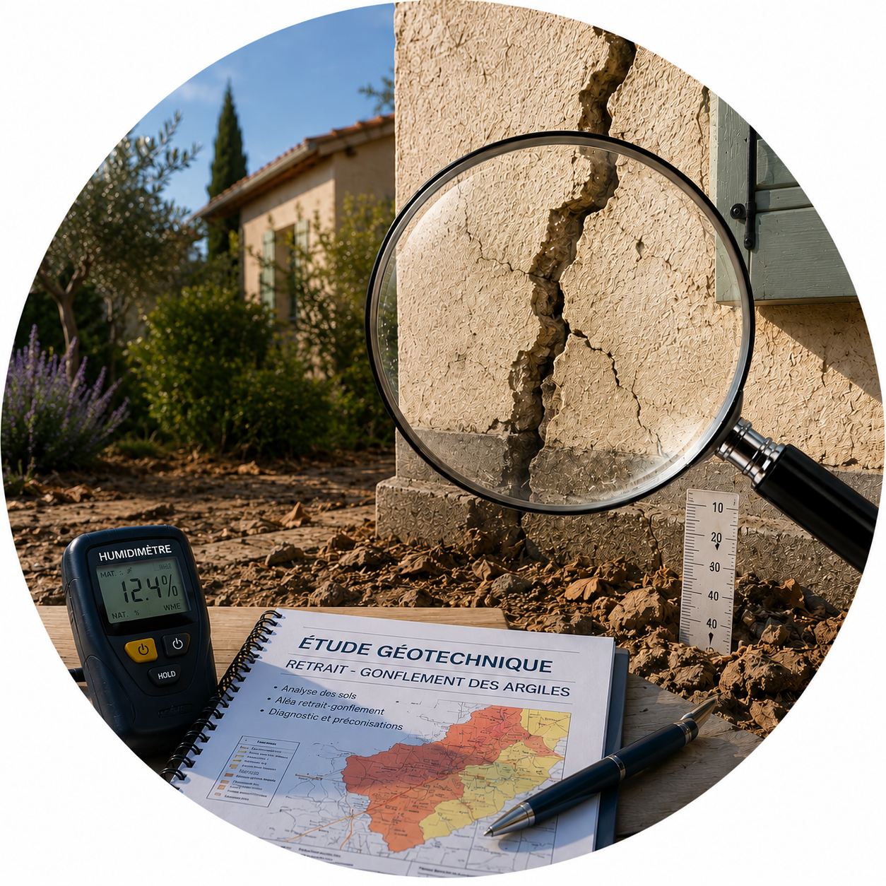 Matériel d'expertise en bâtiment incluant loupe sur fissure, humidimètre et étude géotechnique pour diagnostic sécheresse.