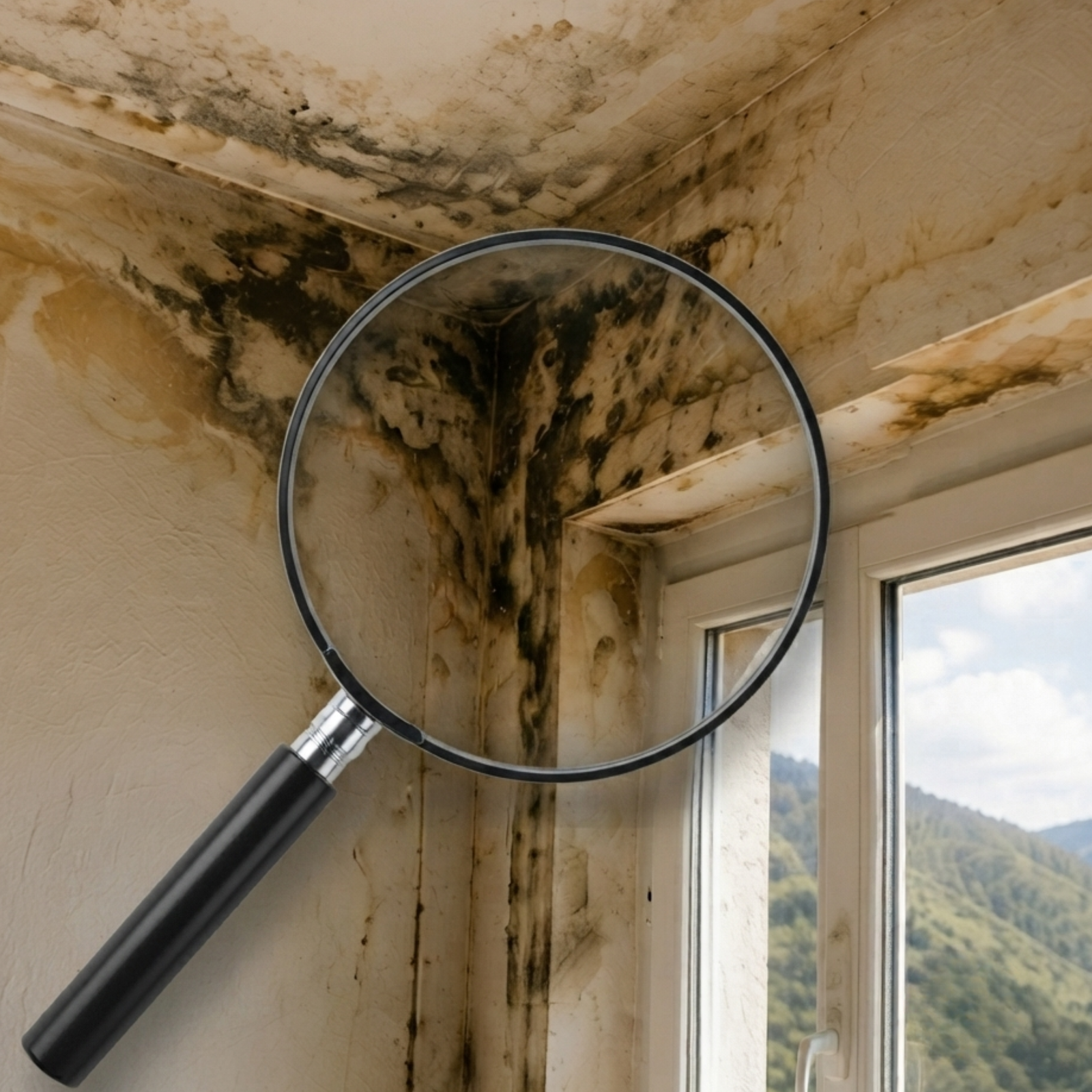Gros plan avec loupe sur des taches de moisissure et des problèmes d'humidité dans l'angle d'un mur près d'une fenêtre.