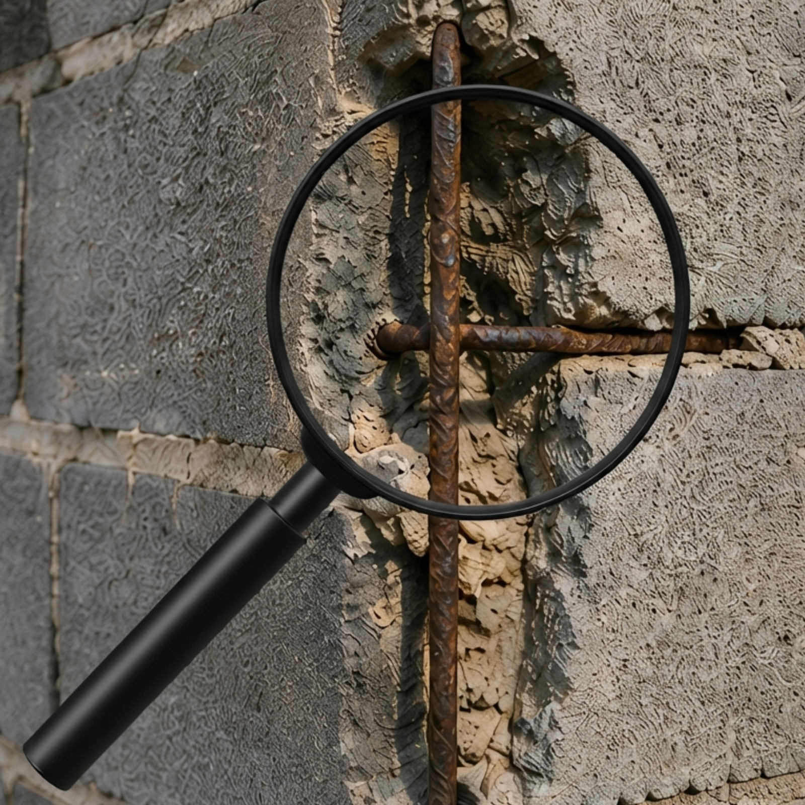 Gros plan avec loupe sur des armatures en fer à béton rouillées et des fissures, révélant une malfaçon de construction