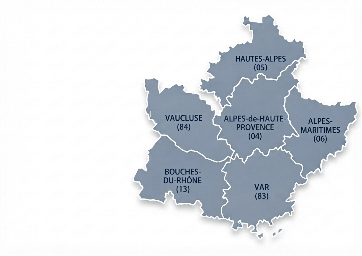 Carte-Secteurs-Intervention-PACA-JV-Ingenierie Carte géographique des départements de la région PACA (Var, Bouches-du-Rhône, Alpes-Maritimes, Hautes-Alpes, Alpes-de-Haute-Provence) illustrant les zones d'intervention de JV Ingénierie.